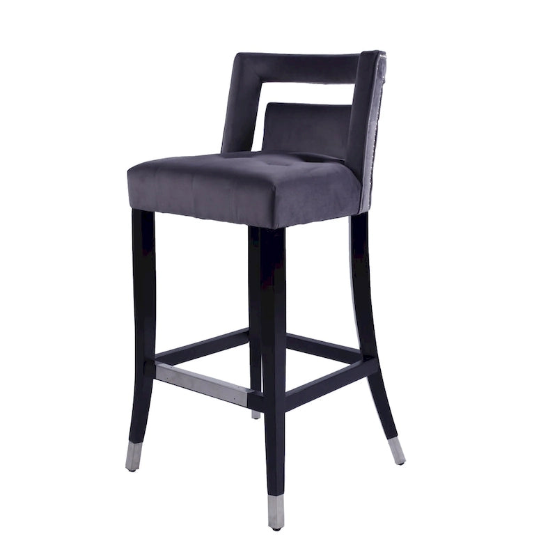 Sgabello da Bar in Velluto Color Crema/Grigio/Blu Scuro con Rivetti – Stile Americano, 1 Posto