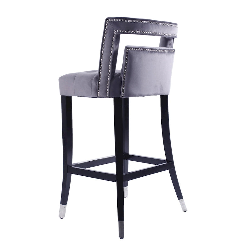 Sgabello da Bar in Velluto Color Crema/Grigio/Blu Scuro con Rivetti – Stile Americano, 1 Posto