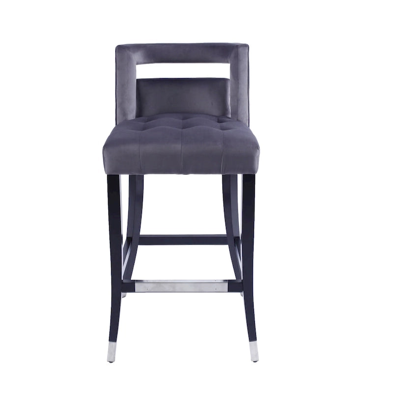 Sgabello da Bar in Velluto Color Crema/Grigio/Blu Scuro con Rivetti – Stile Americano, 1 Posto