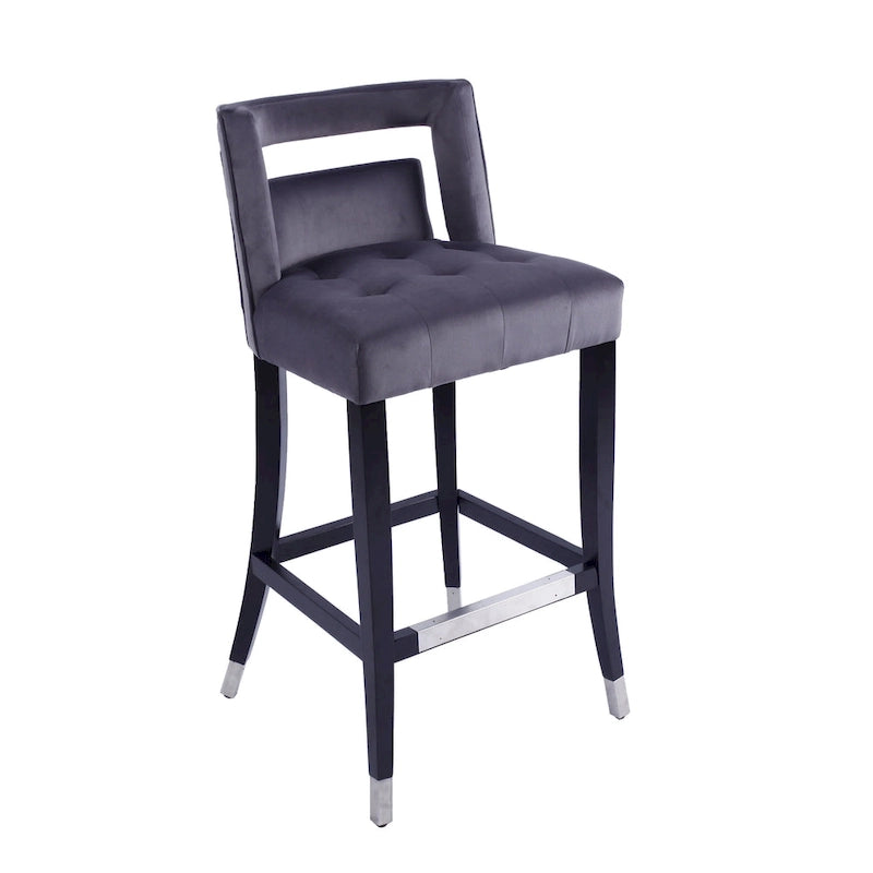 Sgabello da Bar in Velluto Color Crema/Grigio/Blu Scuro con Rivetti – Stile Americano, 1 Posto