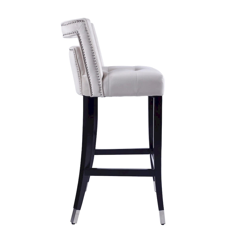 Sgabello da Bar in Velluto Color Crema/Grigio/Blu Scuro con Rivetti – Stile Americano, 1 Posto