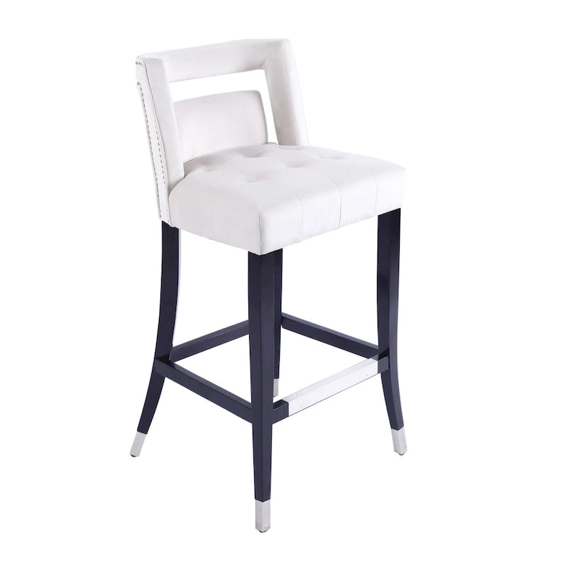 Sgabello da Bar in Velluto Color Crema/Grigio/Blu Scuro con Rivetti – Stile Americano, 1 Posto
