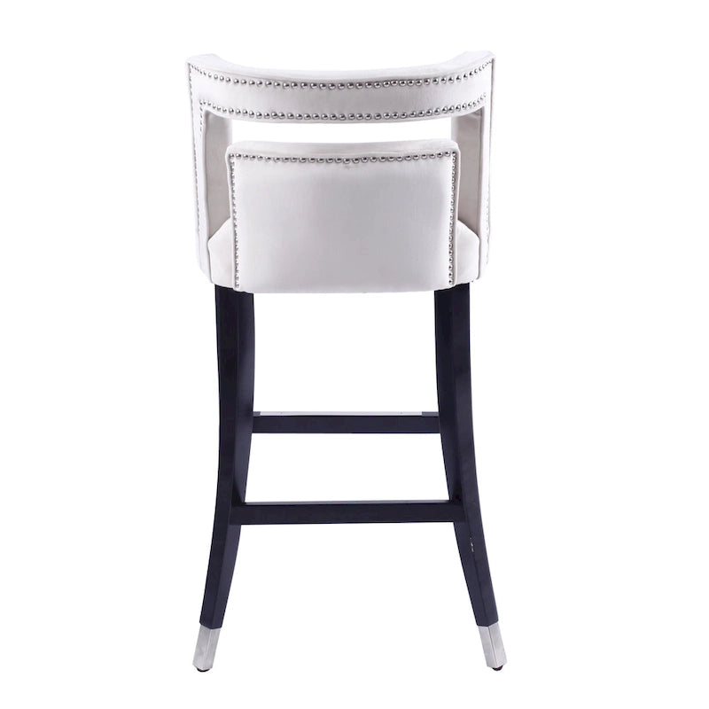 Sgabello da Bar in Velluto Color Crema/Grigio/Blu Scuro con Rivetti – Stile Americano, 1 Posto