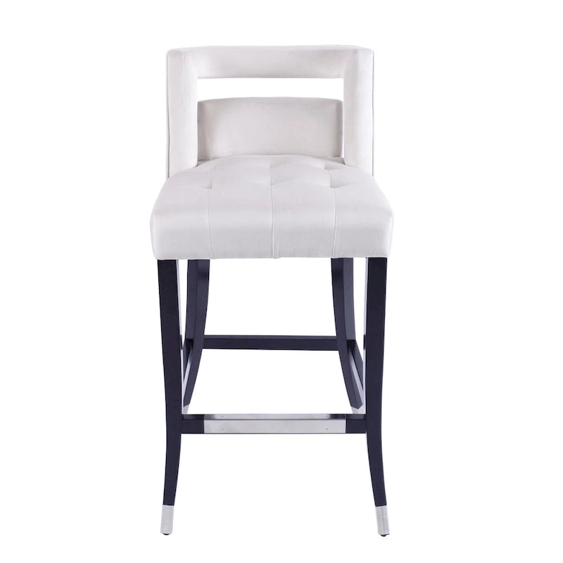 Sgabello da Bar in Velluto Color Crema/Grigio/Blu Scuro con Rivetti – Stile Americano, 1 Posto
