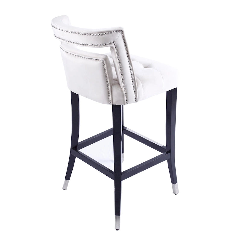 Sgabello da Bar in Velluto Color Crema/Grigio/Blu Scuro con Rivetti – Stile Americano, 1 Posto