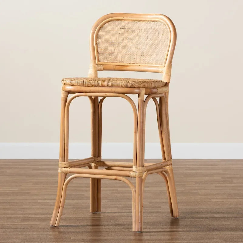 Sgabello da bar in rattan naturale marrone, stile bohémien, 1 posto
