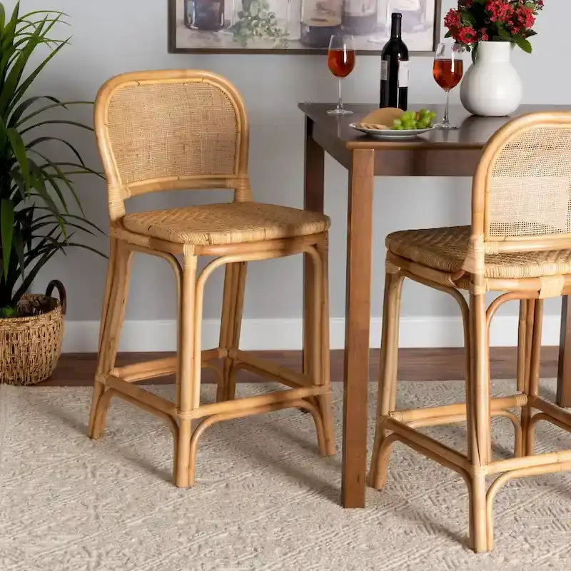 Sgabello da bar in rattan naturale marrone, stile bohémien, 1 posto