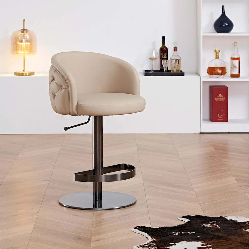 Sgabello da bar in PU Oro/Nero e Kaki, con schienale trapuntato, girevole, altezza regolabile, seduta singola