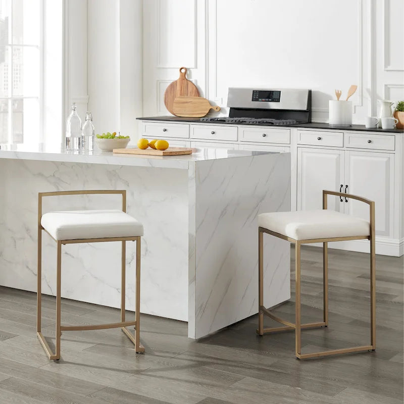Sgabello da bancone in velluto crema/grigio, base a slitta moderna, set da 2
