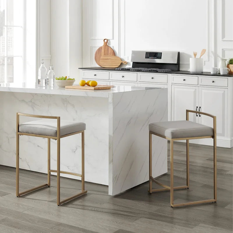 Sgabello da bancone in velluto crema/grigio, base a slitta moderna, set da 2