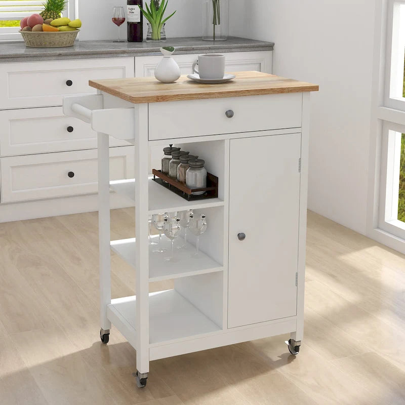 Carrello da cucina mobile bianco con cassetto e armadietto