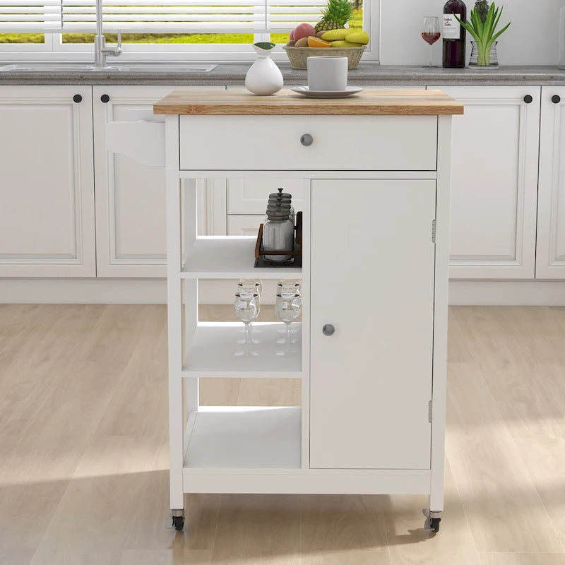 Carrello da cucina mobile bianco con cassetto e armadietto
