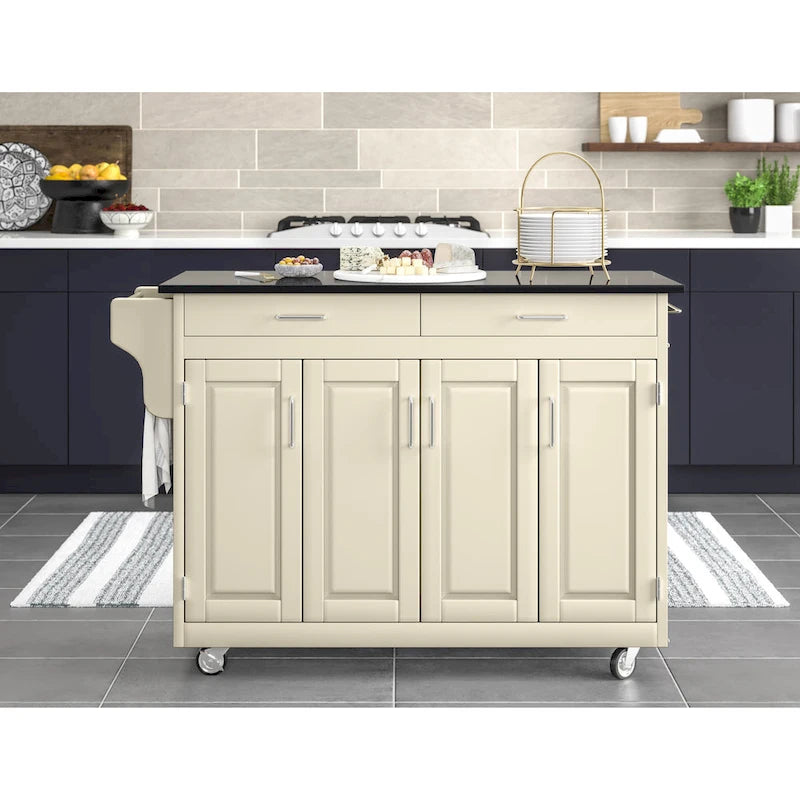 Carrello Cucina Mobile Bianco con Piano in Granito Nero, Montaggio per 1 Persona