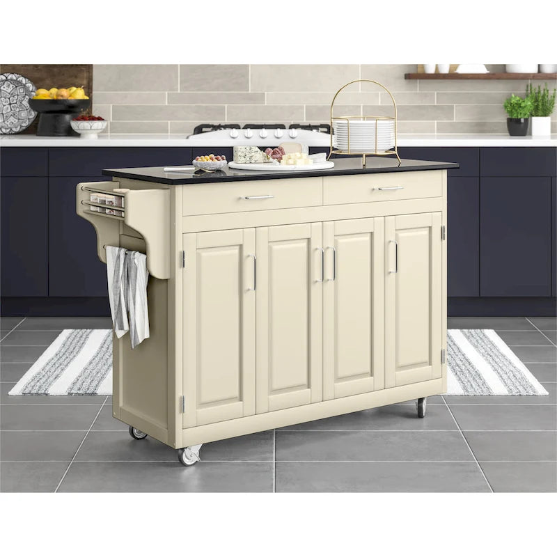 Carrello Cucina Mobile Bianco con Piano in Granito Nero, Montaggio per 1 Persona