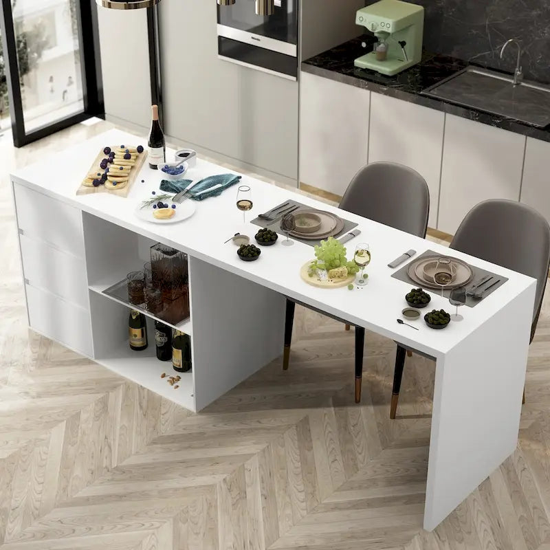 Isola da cucina bianca con tavolo da pranzo e contenitore, 4-6 posti a sedere