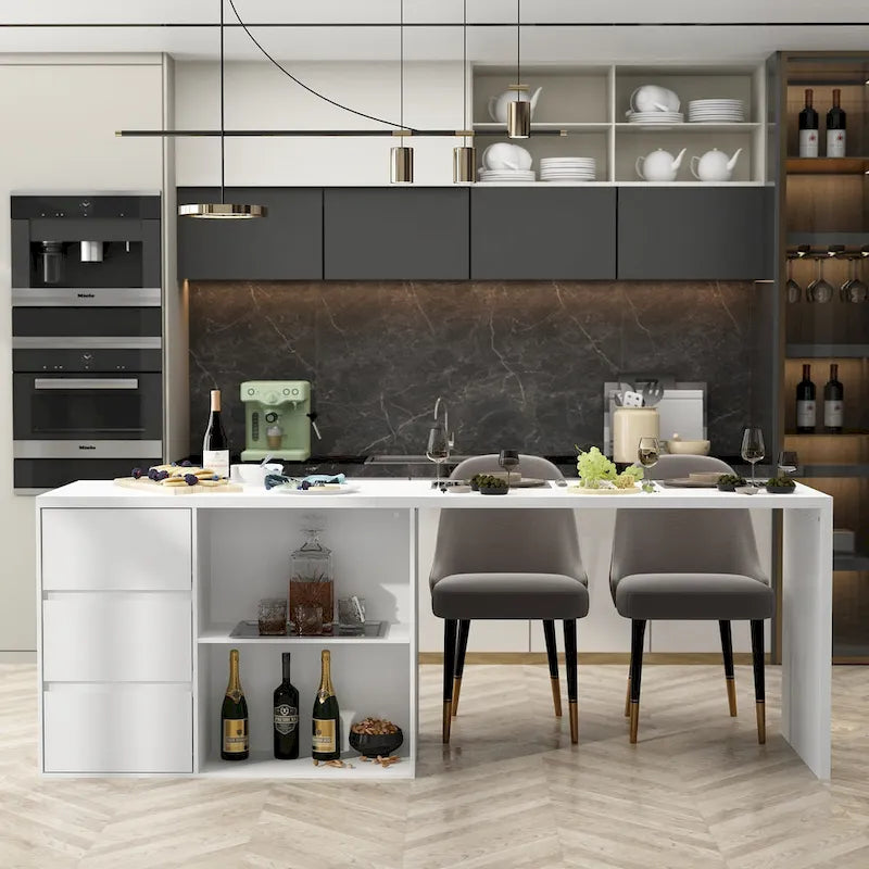 Isola da cucina bianca con tavolo da pranzo e contenitore, 4-6 posti a sedere