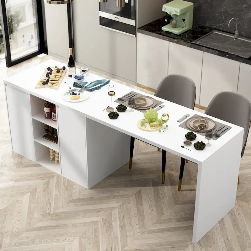 Isola da cucina bianca con tavolo da pranzo e contenitore, 4-6 posti a sedere