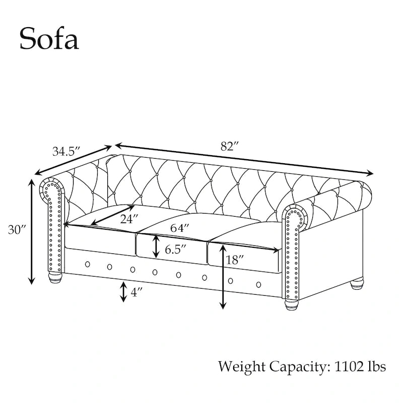 Chesterfield-Sofa aus Leinen mit Knopfheftung, Nagelkopfdetails und Beinen aus Massivholz für das Wohnzimmer