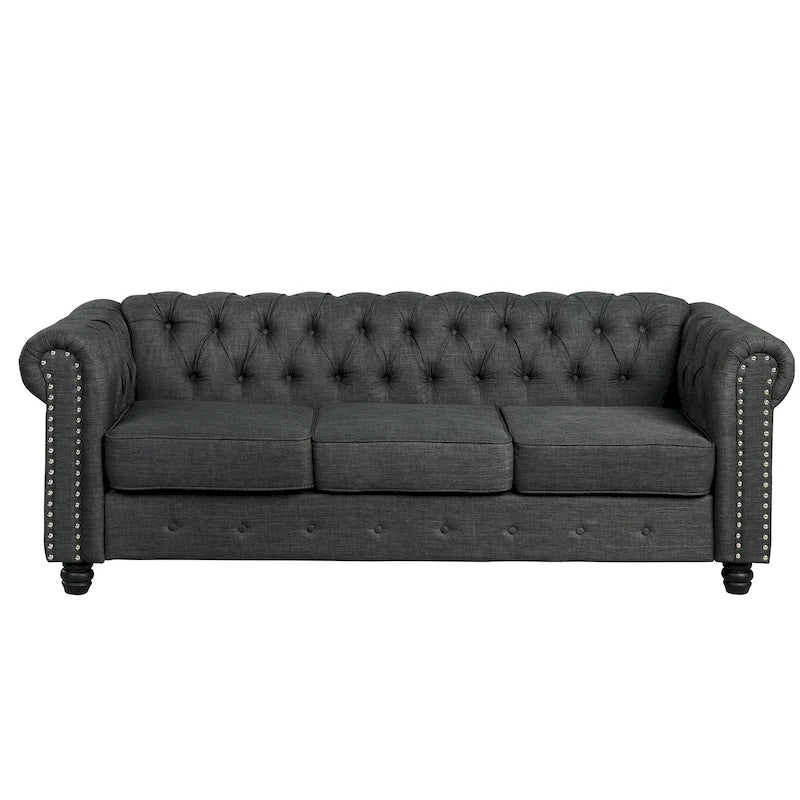 Linnen Chesterfield-bank met knopen, spijkerkopdetails en poten van massief hout voor de woonkamer