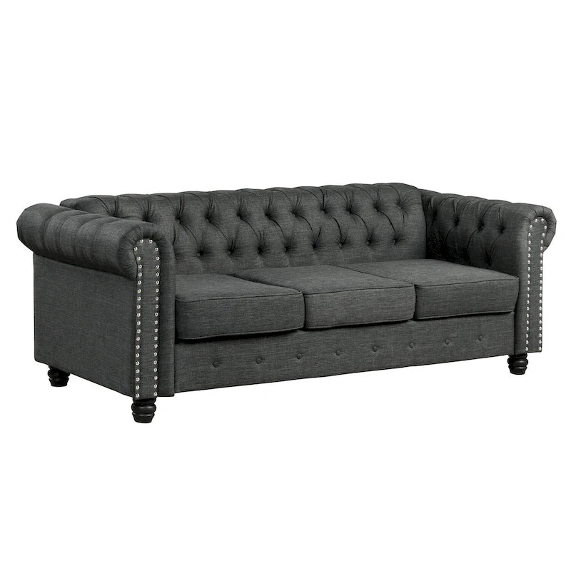 Linnen Chesterfield-bank met knopen, spijkerkopdetails en poten van massief hout voor de woonkamer