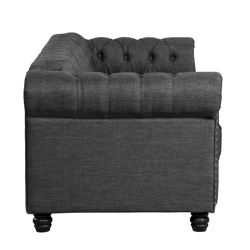 Linnen Chesterfield-bank met knopen, spijkerkopdetails en poten van massief hout voor de woonkamer