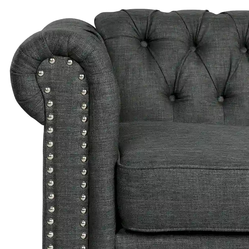 Linnen Chesterfield-bank met knopen, spijkerkopdetails en poten van massief hout voor de woonkamer