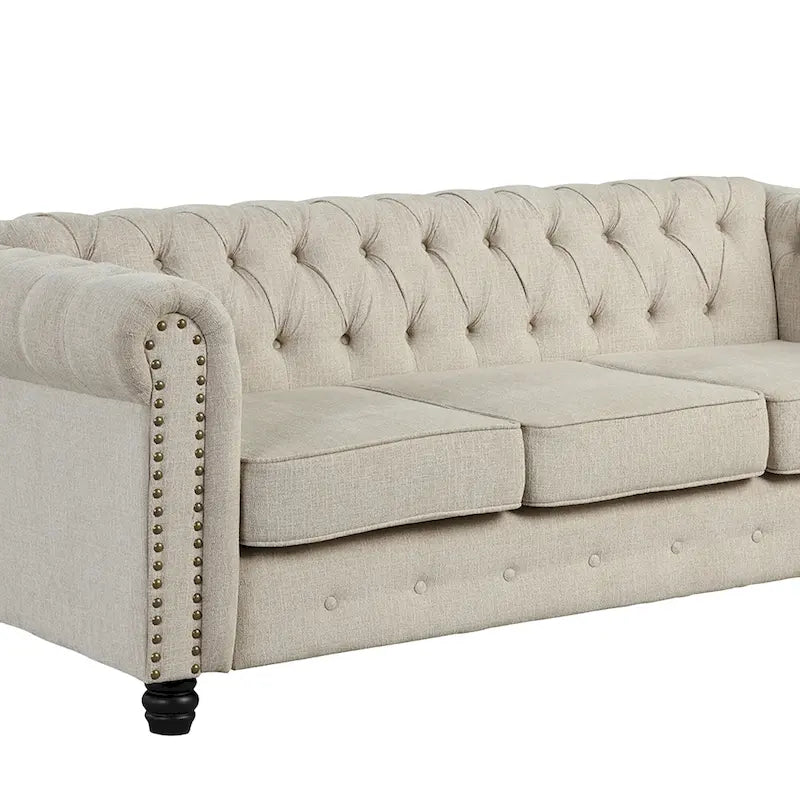 Linnen Chesterfield-bank met knopen, spijkerkopdetails en poten van massief hout voor de woonkamer