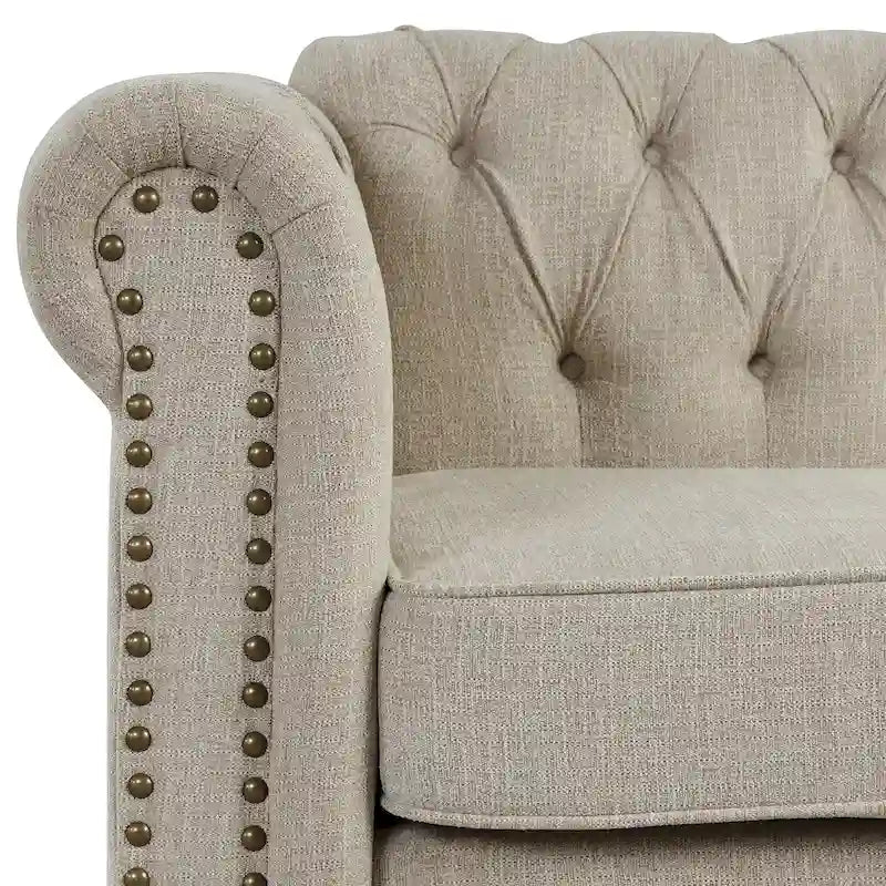 Linnen Chesterfield-bank met knopen, spijkerkopdetails en poten van massief hout voor de woonkamer