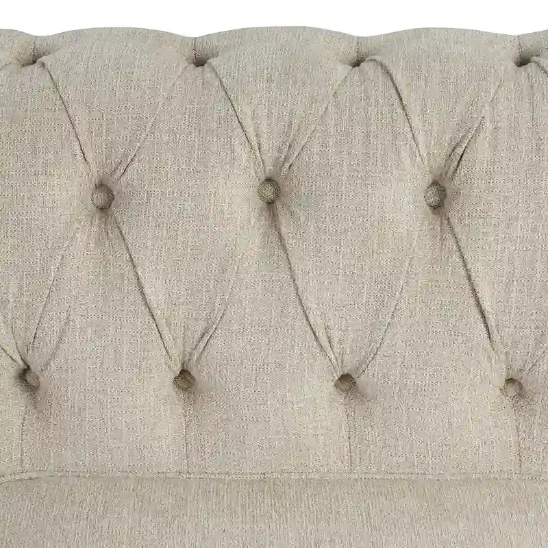 Linnen Chesterfield-bank met knopen, spijkerkopdetails en poten van massief hout voor de woonkamer