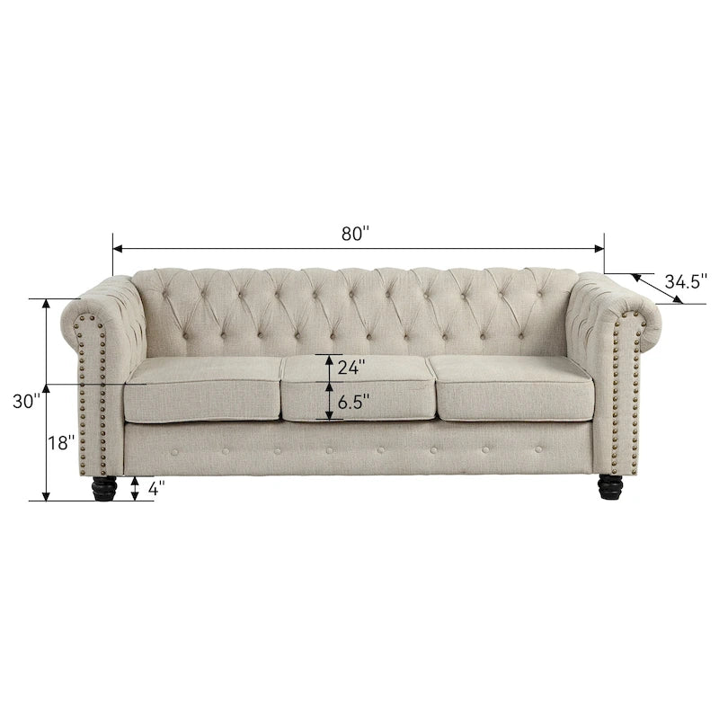 Linnen Chesterfield-bank met knopen, spijkerkopdetails en poten van massief hout voor de woonkamer