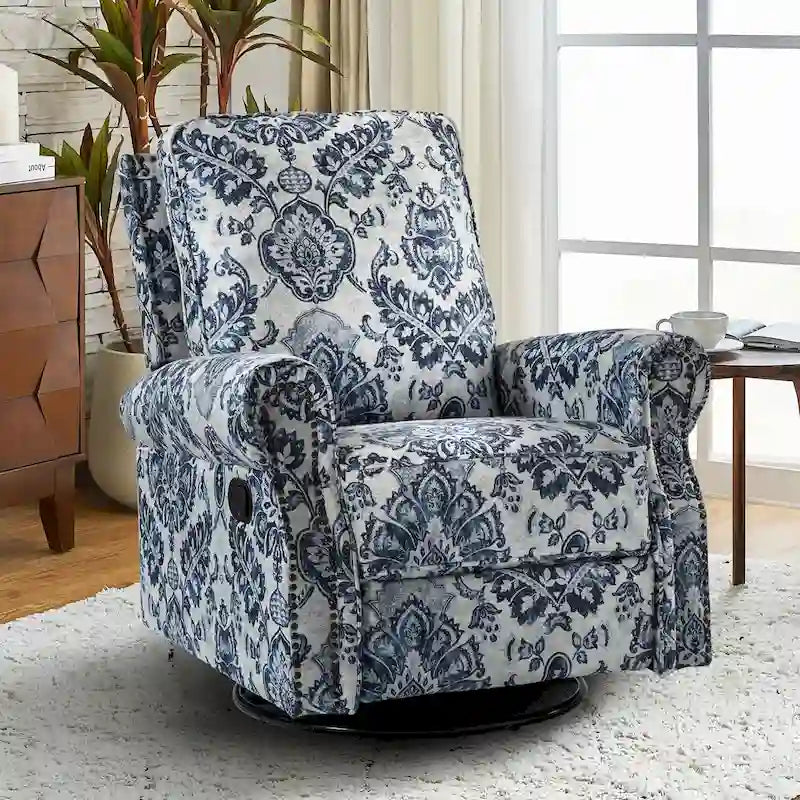 Drehbarer Schaukel-Relaxsessel im Landhausstil mit Blumenmuster und gerollten Armlehnen