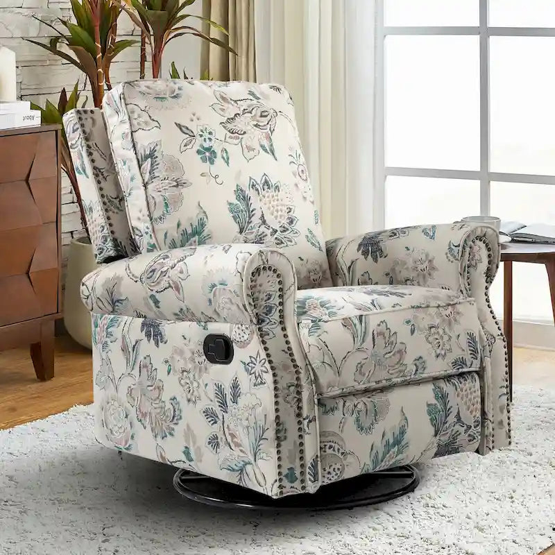 Drehbarer Schaukel-Relaxsessel im Landhausstil mit Blumenmuster und gerollten Armlehnen
