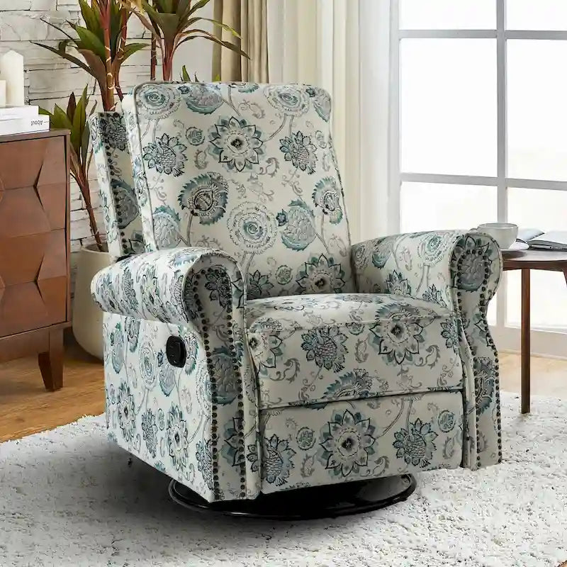Drehbarer Schaukel-Relaxsessel im Landhausstil mit Blumenmuster und gerollten Armlehnen