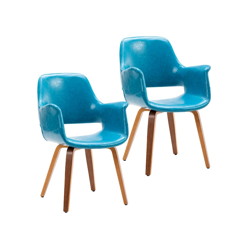 Sedia da pranzo in pelle sintetica blu / verde / bianca / nera, gambe in legno curvato, set da 2