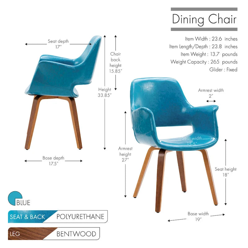 Sedia da pranzo in pelle sintetica blu / verde / bianca / nera, gambe in legno curvato, set da 2