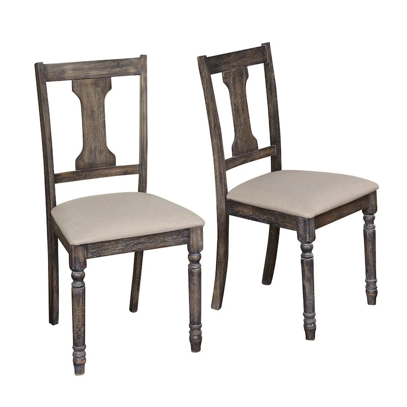 Sedie da pranzo imbottite in stile colonico, set da 2 – Grigio Invecchiato / Marrone Rustico / Legno Ligneo