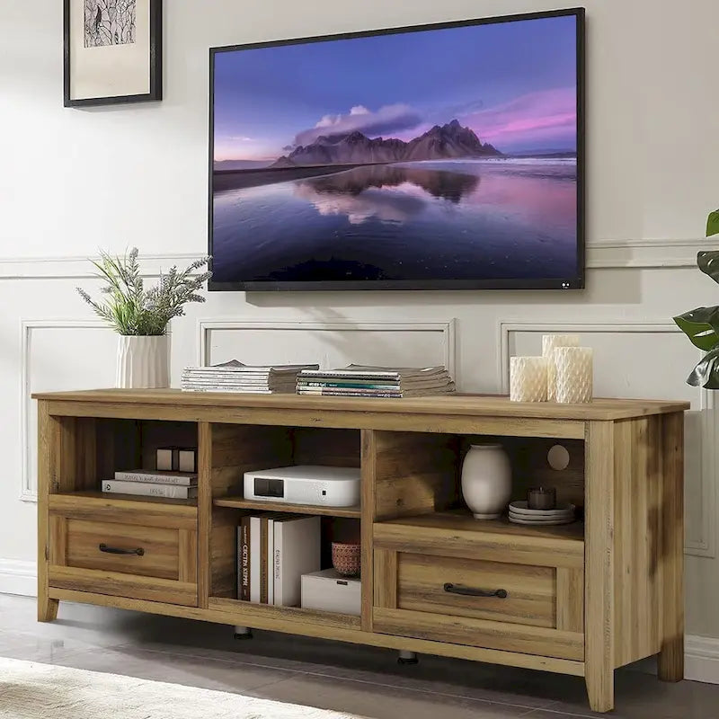 TV-Schrank für 70-Zoll-Fernseher mit Schubladen, Regalen und Türen für das Wohnzimmer
