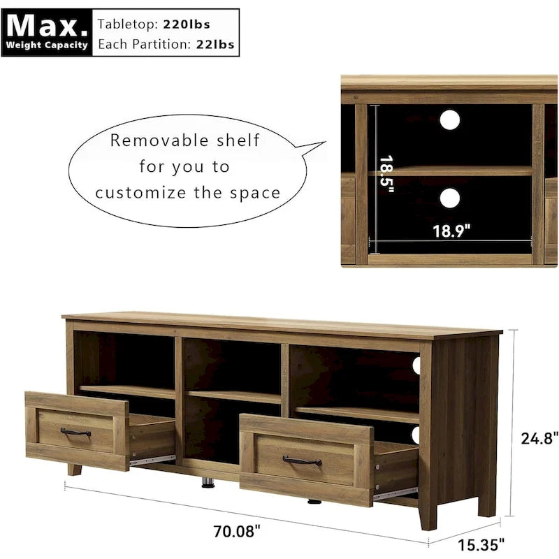 TV-Schrank für 70-Zoll-Fernseher mit Schubladen, Regalen und Türen für das Wohnzimmer