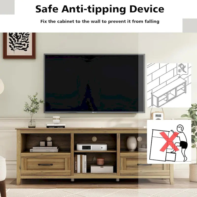 TV-Schrank für 70-Zoll-Fernseher mit Schubladen, Regalen und Türen für das Wohnzimmer