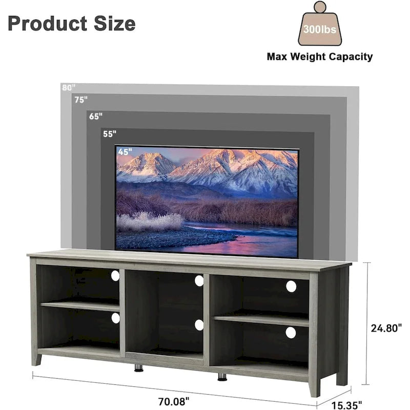 TV-Schrank für 70-Zoll-Fernseher mit Schubladen, Regalen und Türen für das Wohnzimmer