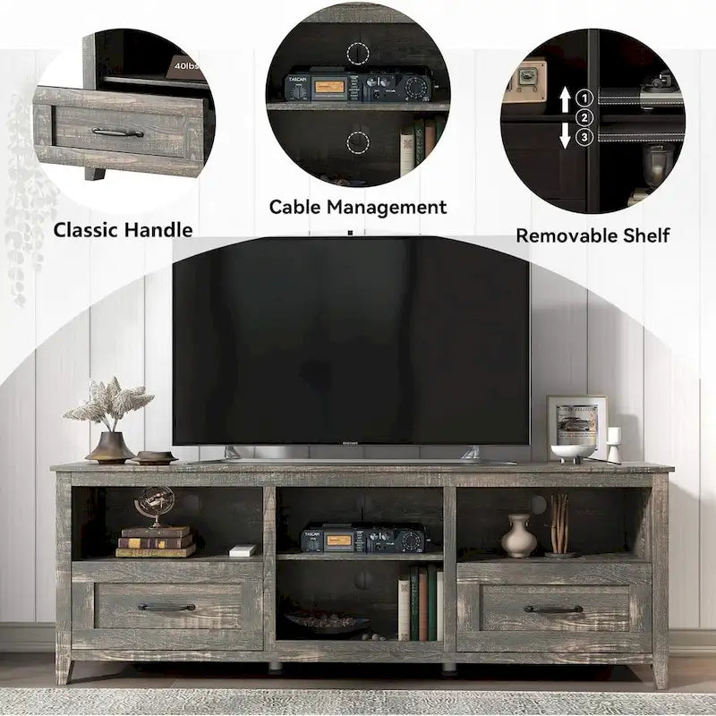TV-Schrank für 70-Zoll-Fernseher mit Schubladen, Regalen und Türen für das Wohnzimmer