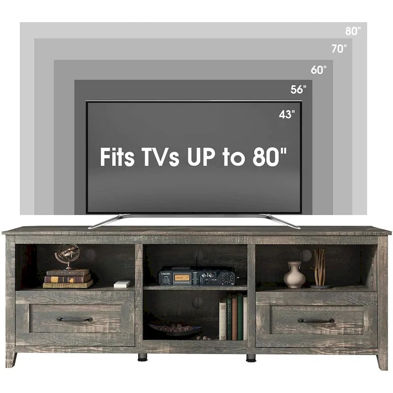 TV-Schrank für 70-Zoll-Fernseher mit Schubladen, Regalen und Türen für das Wohnzimmer