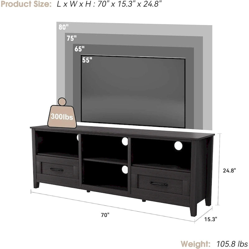 TV-Schrank für 70-Zoll-Fernseher mit Schubladen, Regalen und Türen für das Wohnzimmer