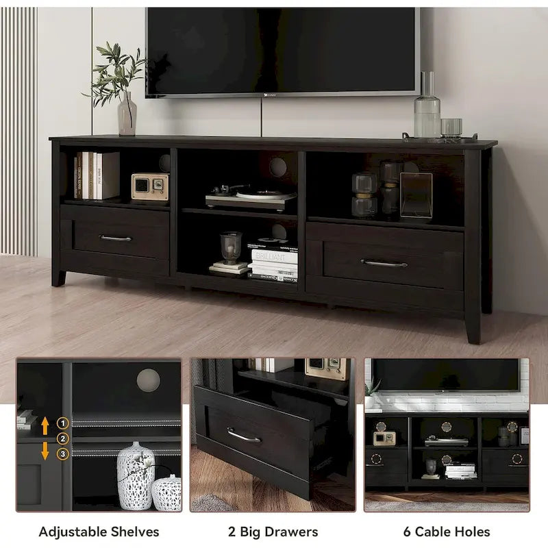TV-Schrank für 70-Zoll-Fernseher mit Schubladen, Regalen und Türen für das Wohnzimmer