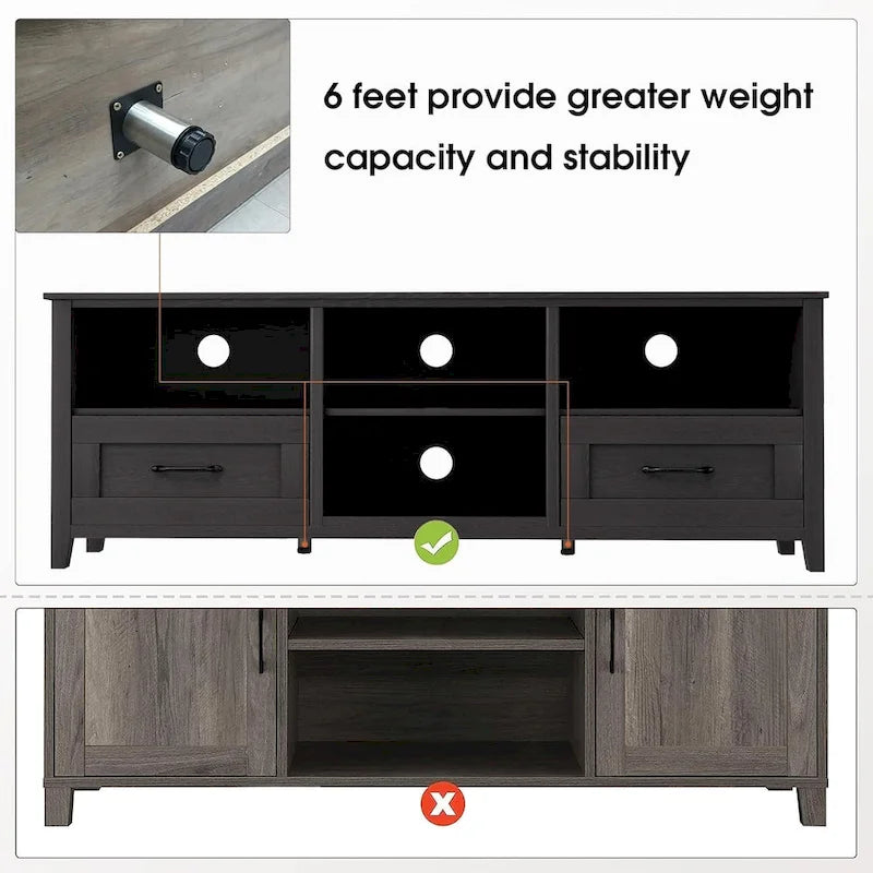 TV-Schrank für 70-Zoll-Fernseher mit Schubladen, Regalen und Türen für das Wohnzimmer