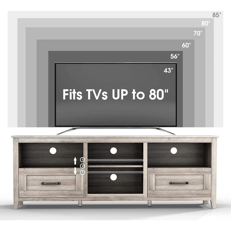 TV-Schrank für 70-Zoll-Fernseher mit Schubladen, Regalen und Türen für das Wohnzimmer