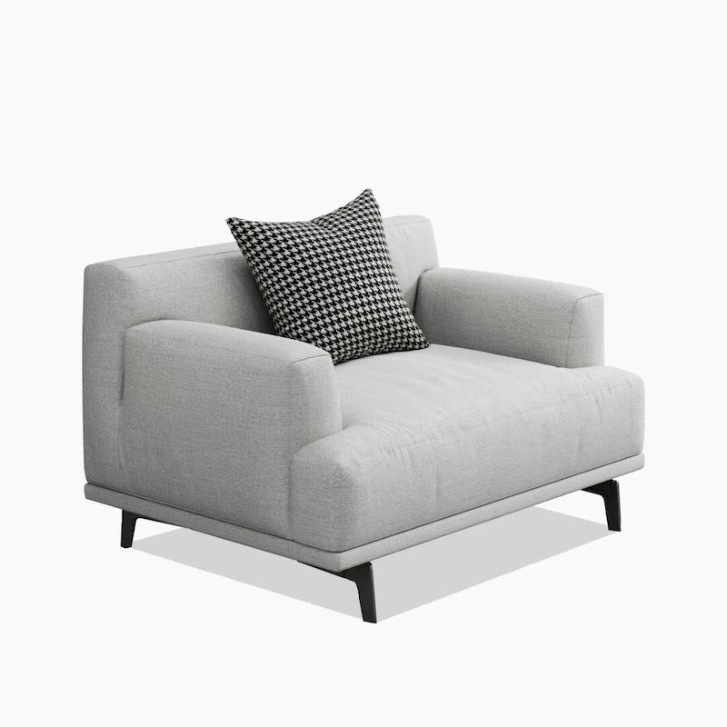 Divano dritto in tessuto beige con braccioli squadrati