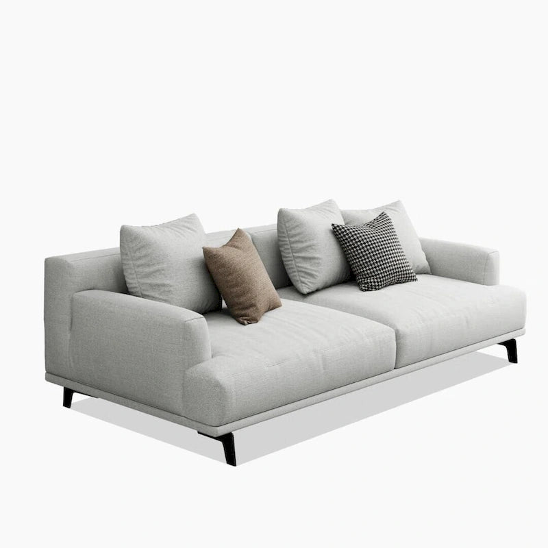 Divano dritto in tessuto beige con braccioli squadrati