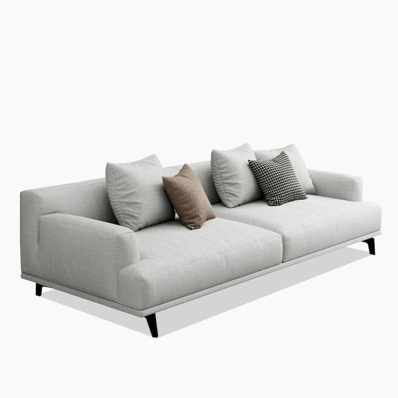Divano dritto in tessuto beige con braccioli squadrati