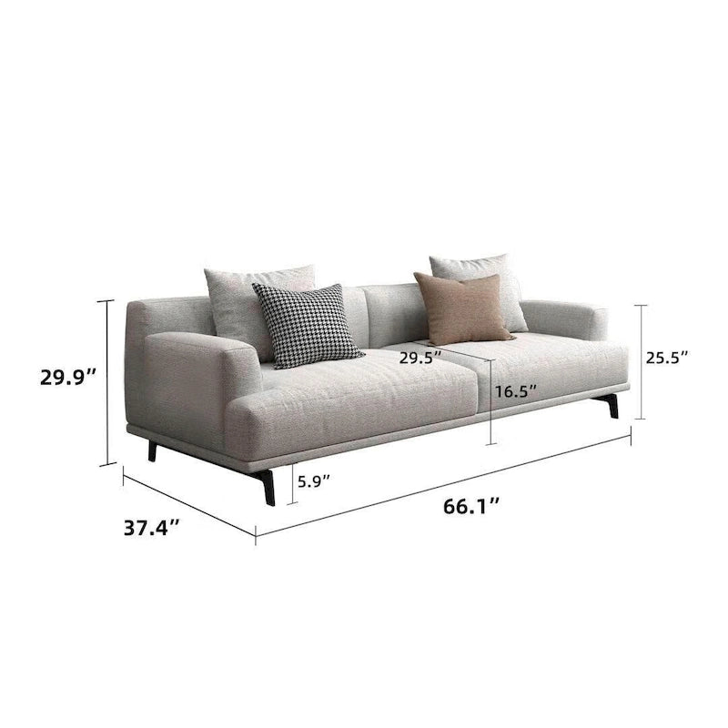 Divano dritto in tessuto beige con braccioli squadrati